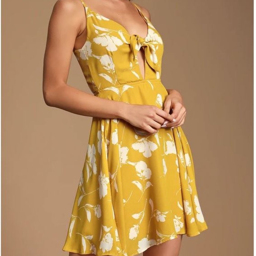 Mustard Yellow Floral Print Tie-Front Skater Dress